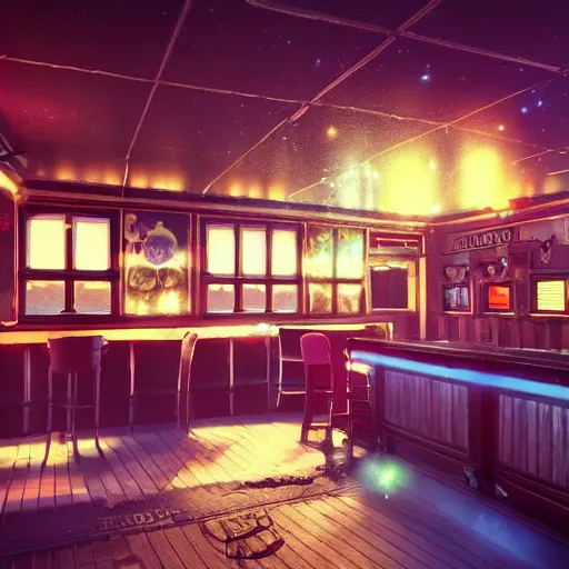 Image similar to part of a british pub floating in space, stars and galaxies, beams of light, trending on artstation, octane render