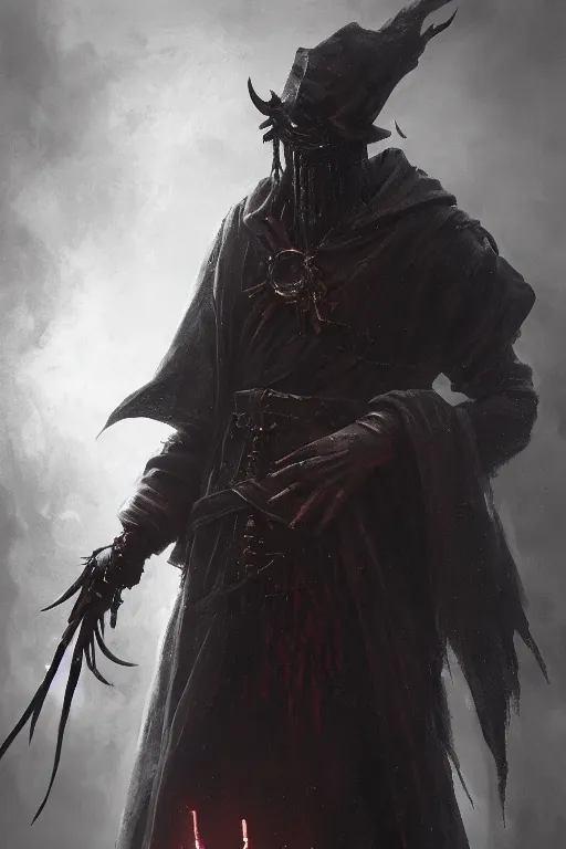 Prompt: A fancy portrait of a occultist by Greg Rutkowski, Sung Choi, Mitchell Mohrhauser, Maciej Kuciara, Johnson Ting, Bloodborne, 8k photorealistic, volumetric lighting, HD, high details, dramatic, dark atmosphere, trending on artstation