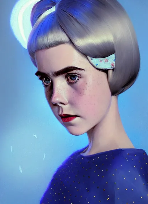 Image similar to portrait of kiernan shipka with freckles, white hair, big 1 9 6 0 s bob hairstyle with bangs and hairband, blue 1 9 6 0 s dress, intricate, elegant, glowing lights, highly detailed, digital painting, artstation, concept art, smooth, sharp focus, illustration, art by wlop, mars ravelo and greg rutkowski