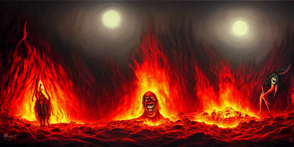 Image similar to repressed emotion creatures and monsters at the mouth of hell, dramatic lighting glow from giant fire, attempting to escape and start a revolution, in a dark surreal painting by ronny khalil