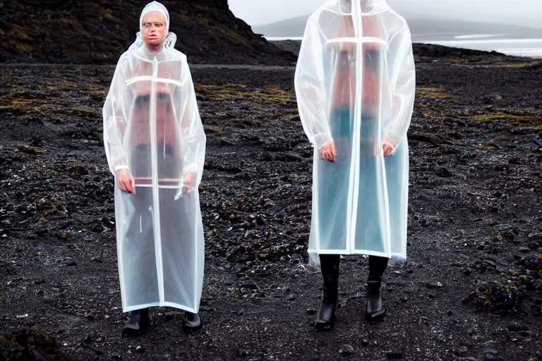 Prompt: an ultra high definition professional high fashion portrait studio full length photograph of a model wearing a transparent pearlescent raincoat in an icelandic black rock environment at dawn. no artefacts. extremely detailed. stark. shallow depth of field. volumetric light and shadow. ray tracing. light ray.