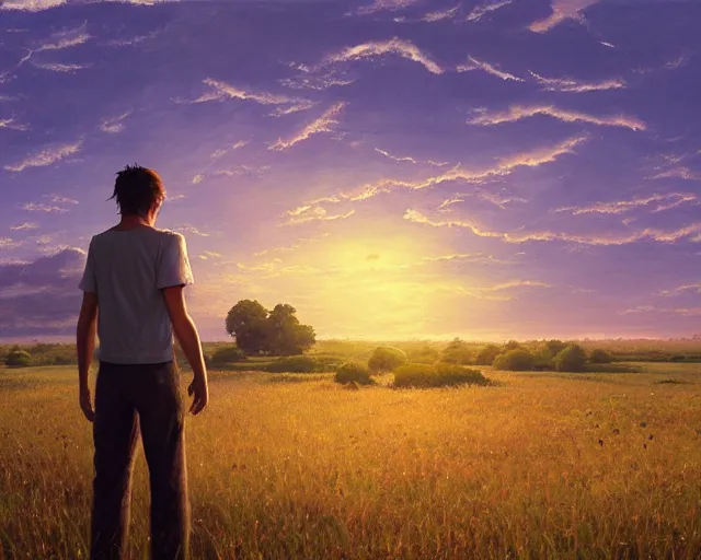 Image similar to a painting of a man standing in a field at sunset, a detailed matte painting by makoto shinkai, cgsociety, neo - primitivism, anamorphic lens flare, matte painting, global illumination