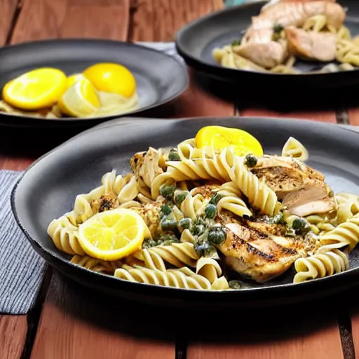 Image similar to an award winning photograph of dish made out of grilled chicken, pasta with creamy sauce, capers, lemons, product presentation, HD