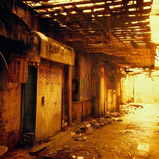 Prompt: wideangle view of an alley in kowloon walled city, dirty, decaying, golden hour, cinestill, art by syd mead