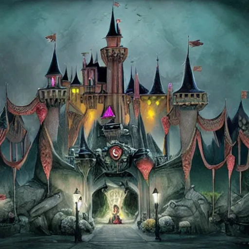 Image similar to Disney World, surrealist, dark, wicked, evil, twisted and bad concept art