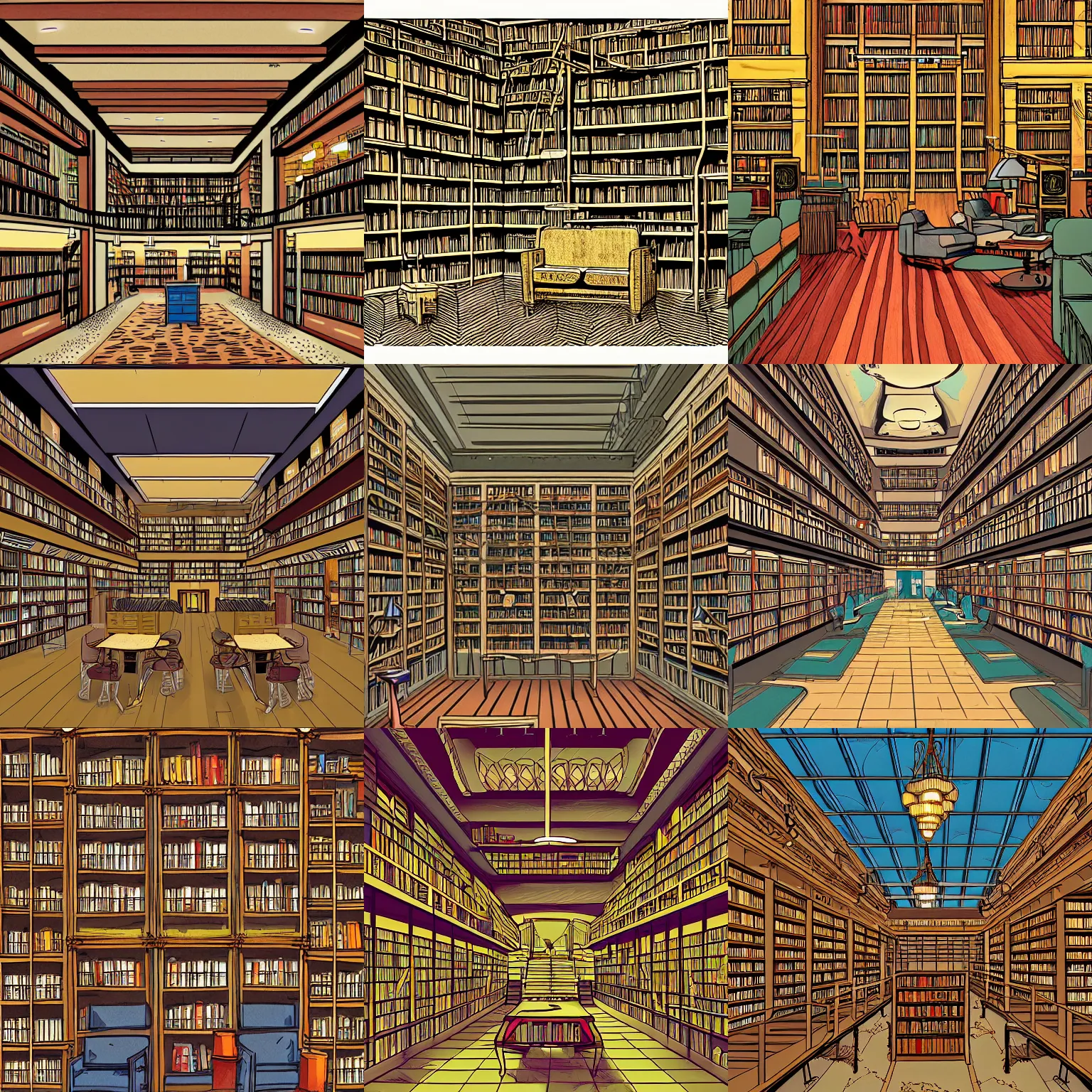 Prompt: library interior design, detailed illustration by tim doyle