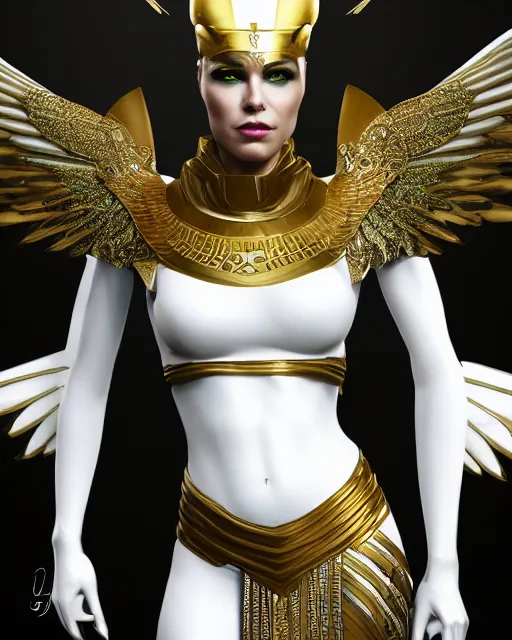 Image similar to attractive egyptian queen wearing white dove wings, warframe armor, regal, attractive, ornate, sultry, elize theron, pretty face, green eyes, scifi platform, 4 k, ultra realistic, epic lighting, illuminated, cinematic, black gold, art by akihito tsukushi, voidstar