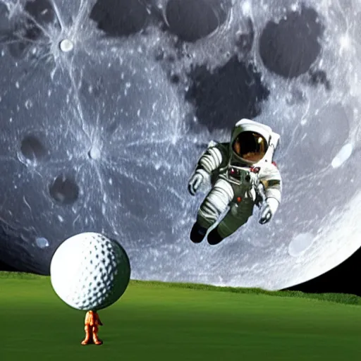 Image similar to a giant astronaut hitting the moon like a golf ball