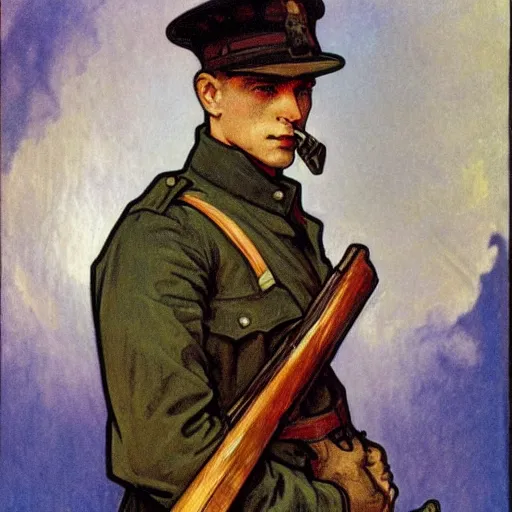 Prompt: ww 1 soldier, painted by alphonse mucha