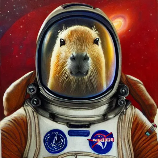 Prompt: beautiful detailed and adorable portrait of a capybara astronaut in a spacesuit, super cute, new contemporary, pop surrealism, oil painting, by edward robert hughes, henry justice ford