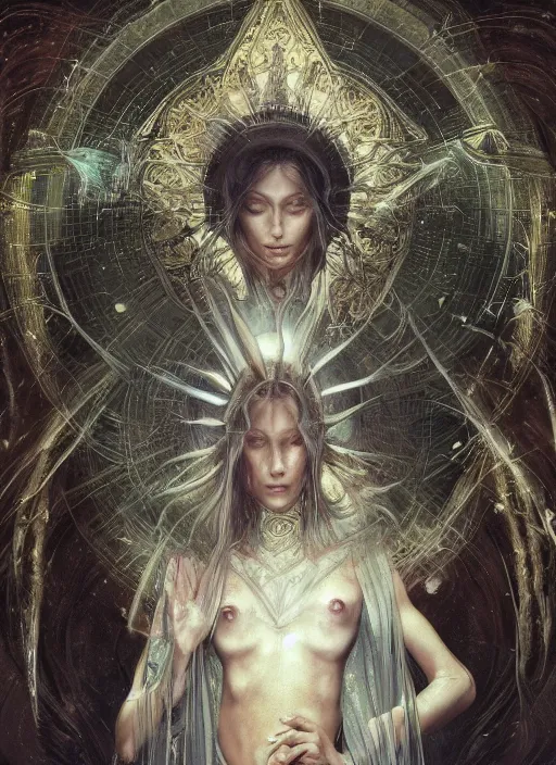 Image similar to album art divine holy robe spell effect, physically accurate, moody dynamic lighting, very very intricate, very very elegant, highly detailed, digital painting, artstation, HR GIGER, Hieronymus Bosch, Francis Bacon, concept art, smooth, very beautiful, sharp focus, illustration, art by artgerm and greg rutkowski and alphonse mucha