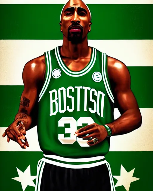 Image similar to portrait of tupac shakur, boston celtics jersey number 3 4, green, white, cartoon digital art, oil on canvas, trending on artstation, octane render