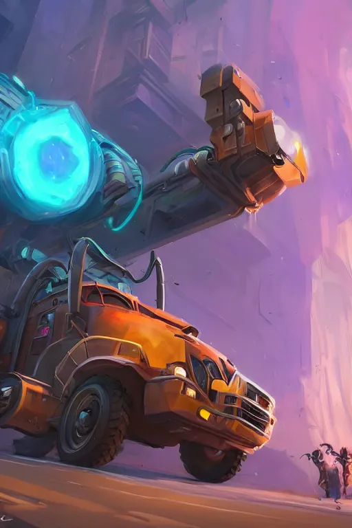 Image similar to pixar style construction truck league of legends wild rift hero champions arcane magic digital painting bioluminance alena aenami artworks in 4 k design by lois van baarle by sung choi by john kirby artgerm style pascal blanche and magali villeneuve sci - fi steampunk construction vehicle