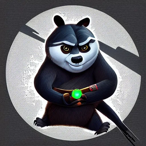 Image similar to “ portrait of a racoon in the style of kung fu panda holding laser gun, with a black background, digital art, award winning, trending on art station, retro style ”
