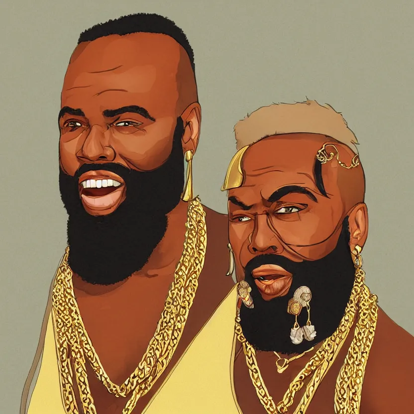 Image similar to mr. t, feather earrings, gold chains, stylized digital art