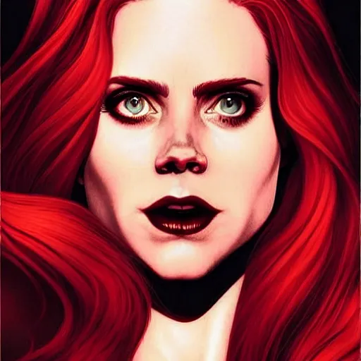 Prompt: vampire : : rafeal albuquerque comic art, artgerm : : gorgeous amy adams : : sharp teeth, open mouth sneer : : symmetrical face, symmetrical eyes : : gorgeous red hair : : magic lighting, low spacial lighting : :