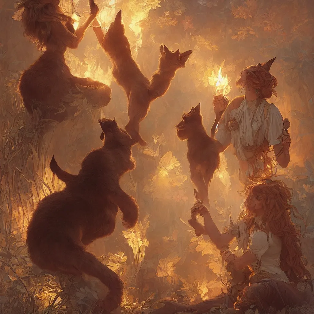 Image similar to many cute fluffy caracals, fire, magic, fantasy epic legends stylized digital illustration radiating a glowing aura global illumination ray tracing hdr fanart arstation, 8 k, art by artgerm and greg rutkowski and alphonse mucha