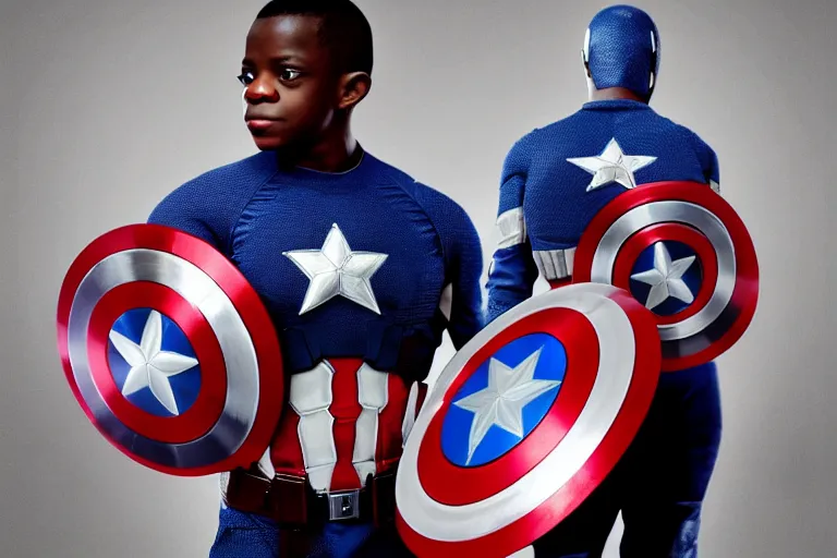 Image similar to photo of vinicius jr wearing captain america's outfit, photography, filmic, cinematic, glamor shot