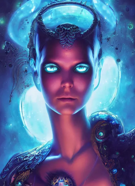 Prompt: formal portrait of alien woman djinn with six glowing neon blue eyes, fantasy, digital art by eugene de blaas, ross tran, and nasreddine dinet, vibrant color scheme, intricately detailed, in the style of romanticism, cinematic, artstation, greg rutkowski