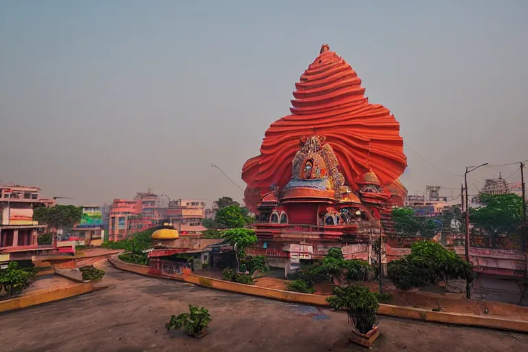 Image similar to beautiful dreamscape! biomorphic new delhi, hanuman!! head building, kalighat, octane sharp cinematic, stephen shore & john j. park, soft morning light, wide shot, high angle, uhd 8 k, shallow depth of field