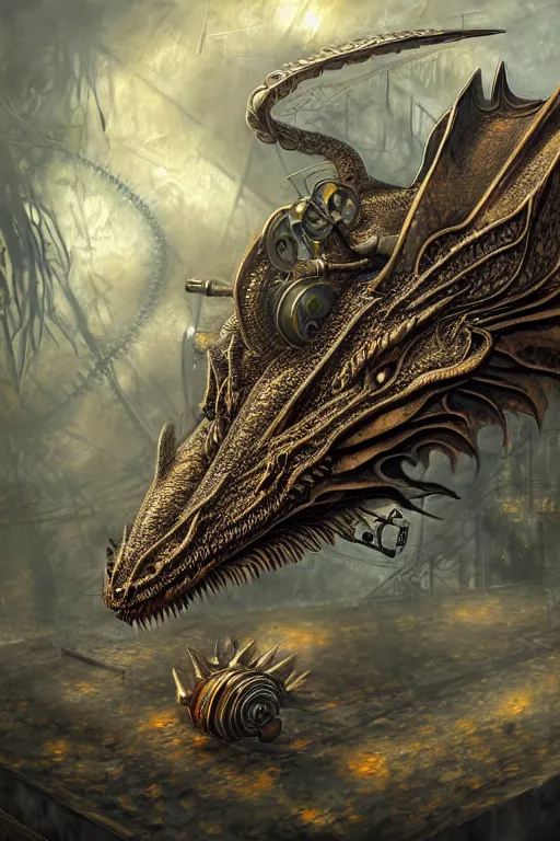 Image similar to hyper realistic dragon lying down with steam punk breathing apparatus on its back, white background, full frame, art byjon foster