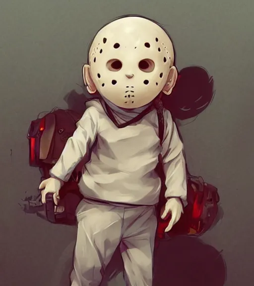 Image similar to beautiful little boy anime character inspired by jason voorhees, art by rossdraws, wlop, ilya kuvshinov, artgem lau, sakimichan and makoto shinkai, concept art, anatomically correct, extremely coherent, realistic, mask, smooth, hd, red eyes