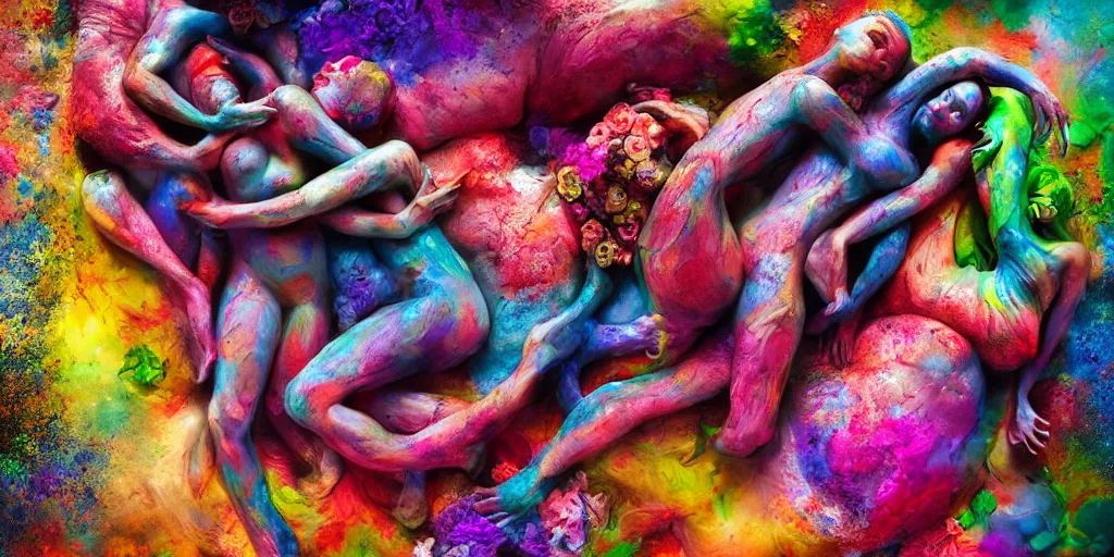 Image similar to surrealist sculpture human bodies intertwined, a lovely cornucopia of flowers and human body parts, body parts, paint pour, swirling paint colors, highly detailed, octane render, cinematic