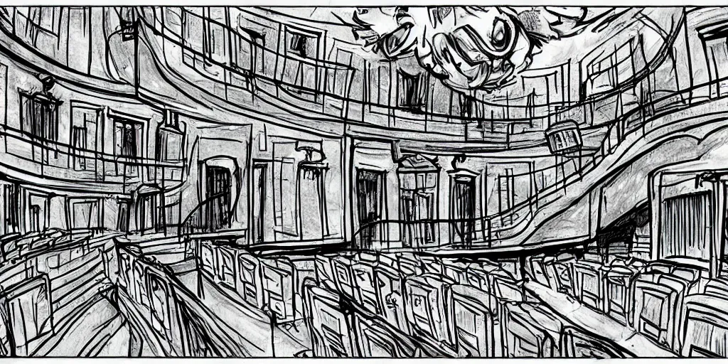 Image similar to a dimly lit, theater hall, 3 doors, 1 staircase, day of the tentacle style, drawn by Peter Chan, fish eye