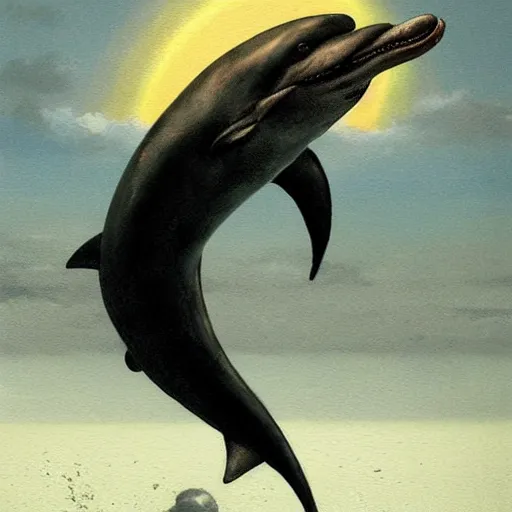 Image similar to a hyper realistic painting of the grim reaper riding a dolphin jumping over a rainbow, death, black cloak, by greg rutkowski and santiago caruso,