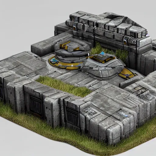 Prompt: 40k Tau empire bunker. Tao coalition. Greater good gromdark bunker. 3d printable wargaming terrain. High resolution render. CGSociety.