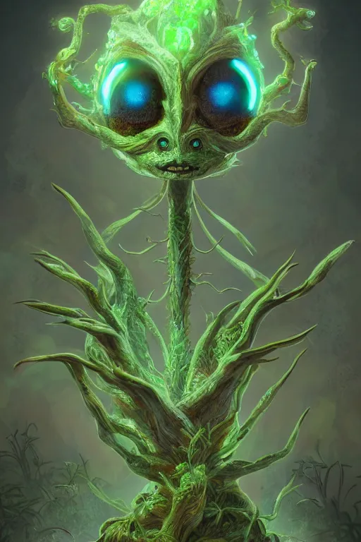 Prompt: a glowing humanoid figure plant monster with large eyes, highly detailed, digital art, sharp focus, trending on art station, moss, anime art style