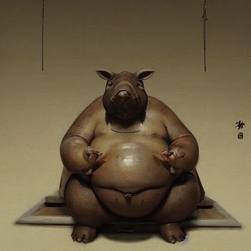 Image similar to fat boar wearing a monk robes holding incense burner. natural lighting by ruan jia, portrait