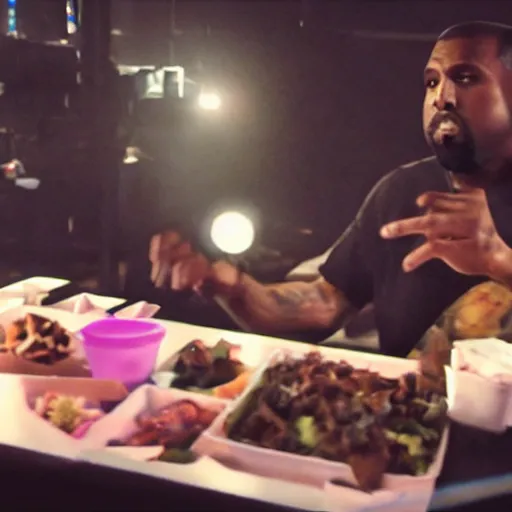 Image similar to blurry, gopro footage of kanye west eating at taco bell, cinematic, volumetric lighting, night, rain