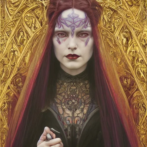 Prompt: Masterpiece painting of beautiful malicious vampire princess gothic portrait by Donato Giancola and Tom Bagshaw, face by Artgerm and Edmund Leighton, golden ratio, trending on cgsociety, intricate, majestic, dark epic fantasy, trending on artstation, by H.R. Giger, background by James Jean and Gustav Klimt, 8k, volumetric Lighting, Hokusai, detailed crimson ink outline, trending on pixiv