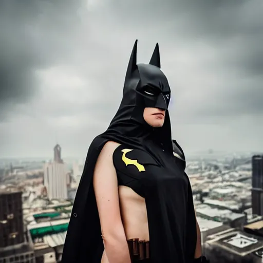 Prompt: cute annie leonhart wearing batman's costume on top of the skyscraper, beautiful face, pale skin, rule of thirds, cinematic lighting, rainy weather, melancholy atmosphere, sharp focus, backlit, stunning, smooth, hard focus, full body shot, instagram photo, shot on sony a 7 iii, hyper realistic