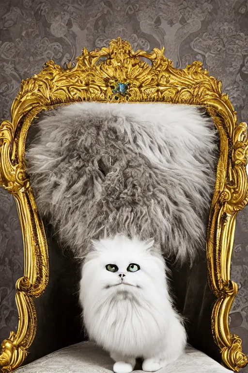 Prompt: a silver gelatin photo portrait of a royal cat, impossibly fluffy, on an embroidered velvet cushion on a neo - rococo gilded little bed, by david lachapelle, photorealistic, photography, wide shot