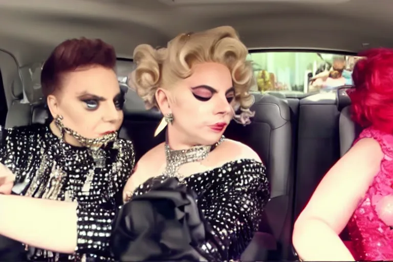 Image similar to lady gaga and judy garland doing carpool karaoke, lady gaga and judy garland, carpool karaoke, lady gaga, judy garland, carpool karaoke, youtube video screenshot, the late late show with james corden