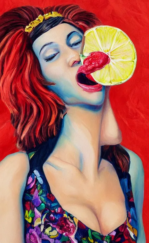 Prompt: amazing beautiful detailed painting of a beautiful woman enjoying a delicious mean. vibrant in colors, very funny, personal, positive, visually pleasing and engaging. high resolution. high quality. hq hd.
