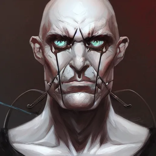 Image similar to portrait bald man, iron spikes through eye sockets, official fanart behance hd artstation by jesper ejsing