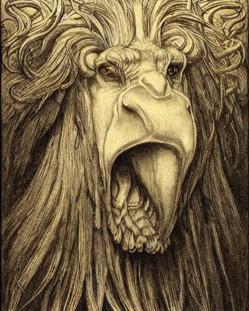 Image similar to a creature with the body and eyes of a man, with the beak of an eagle, the mane of a lion, and the horns of an ox. drawn by jean delville