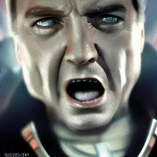 Prompt: photograph of captain j. kirk from star trek screaming in terror. sharp photograph, sharp focus, highly detailed,, detailed face!!, ultra realism, dramatic lighting, zeiss lens, canon eos, detailed skin, dynamic pose, 8 k resolution, hyperrealism, portrait photography, art by artgerm and greg rutkowski and alphonse mucha