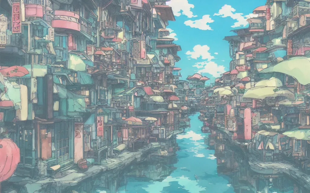 Image similar to a japanese city near the sea, lofi, dreamy, moody, very colorful, anime inspiration, ghibli vibe