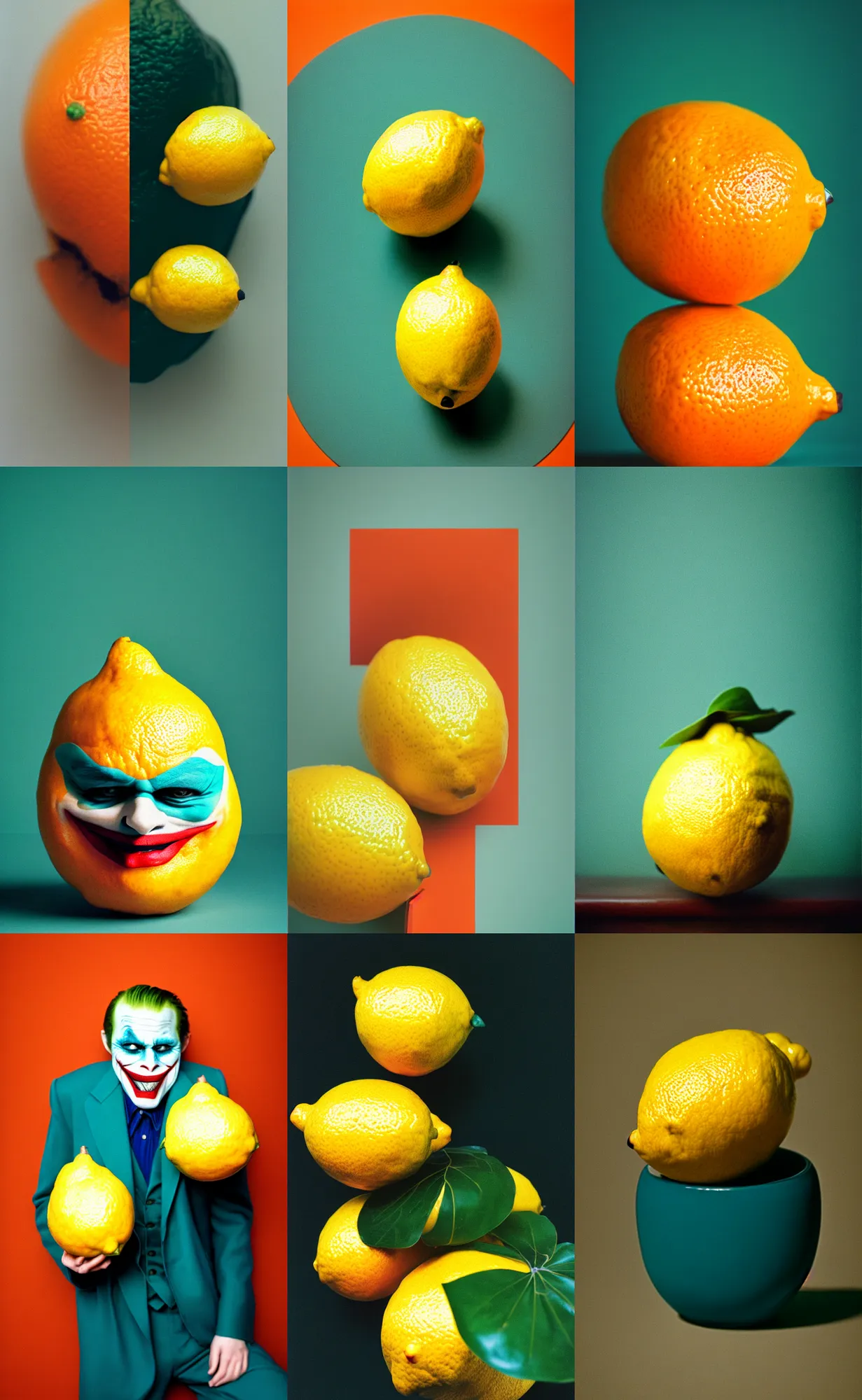 Image similar to kodak portra 4 0 0, 8 k, shot of a highly detailed, britt marling style, colour still - life portrait of a lemon looks like 1 9 9 9 joker, teal and orange, muted coloures