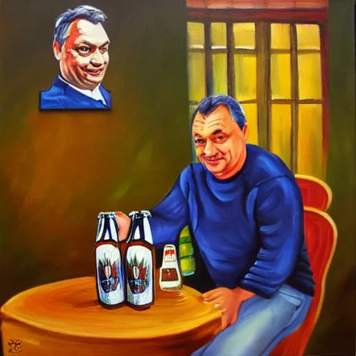 Image similar to viktor orban beer brewing at home, oil painting