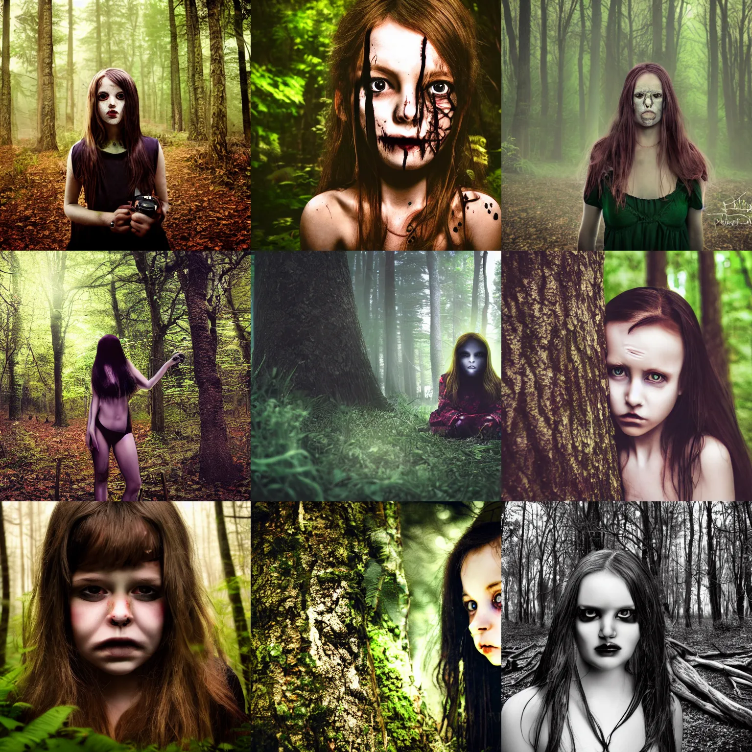 Prompt: scary girl in forest, photorealistic, Nikon camera