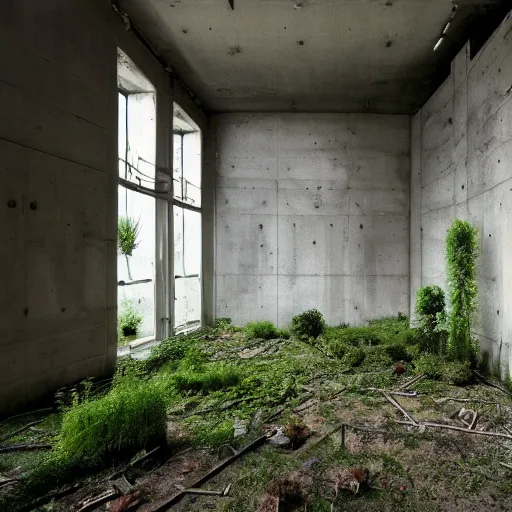 Prompt: an abandoned room in a concrete building, modern avant - garde, few overgrown plants, dreamy, overcast, by hans bellmer