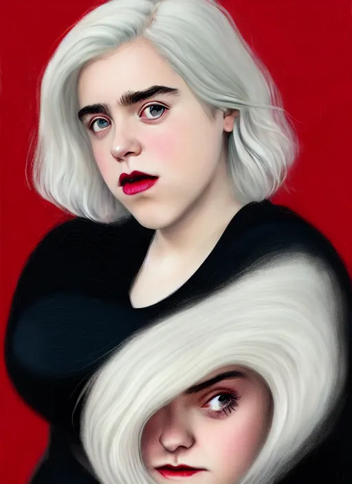 Image similar to full body portrait, kiernan shipka as sabrina spellman, white hair, obese, bangs, sultry, realistic, sultry smirk, fluffy bangs, curly bangs, fat, belly, intricate, elegant, highly detailed, digital painting, artstation, concept art, smooth, sharp focus, illustration, art by wlop, mars ravelo and greg rutkowski