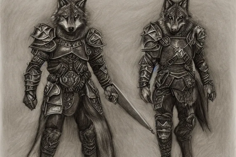 Image similar to a pencil drawing of a wolf, full body, D&D, armor, made by by Pen Tacula