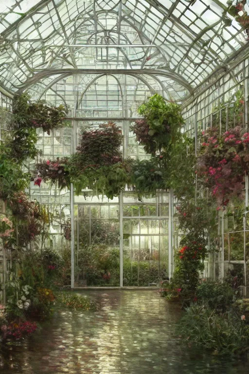 Image similar to a beautiful painting of a greenhouse, rainy, gloomy and depressed, dark, shimmering and prismatic, lumion render, rococo, by krenz cushart and mucha and monet, trending on artstation.