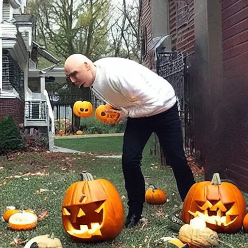 Image similar to billy corgan of the band smashing pumpkins outside on halloween destroying pumpkins in his city because he's angry no one understands his band's name